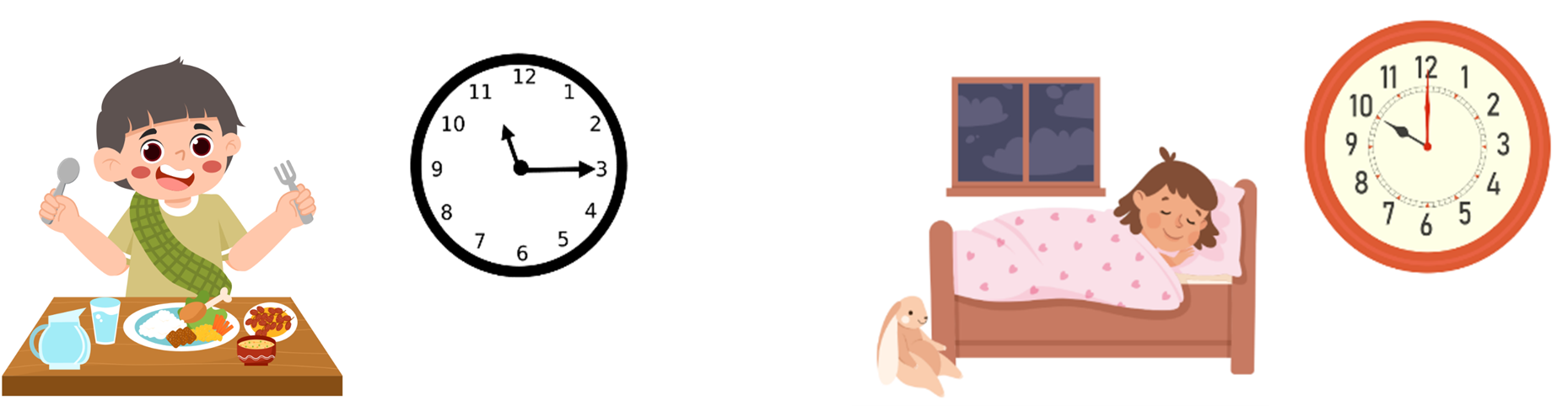 Quan sát tranh điền số thích hợp vào chỗ trống:  Nam ăn trưa lúc ... giờ ... phút.                               Hoa đi ngủ lúc ... giờ. (ảnh 1)