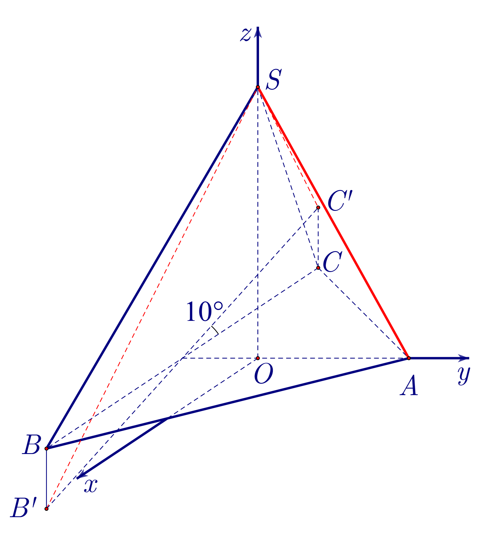 Như vậy, theo đề b&agrave;i ta c&oacute; \(BB' = CC' = BD.\tan 10^\circ&nbsp; = 60.\tan 10^\circ .\)  Mặt kh&aacute;c, \(BB',CC'\) đều song song với \(Oz\) n&ecirc;n (ảnh 1)