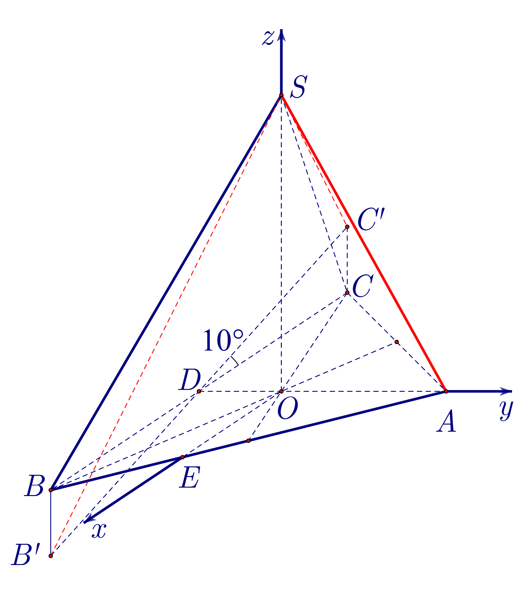 Như vậy, theo đề b&agrave;i ta c&oacute; \(BB' = CC' = BD.\tan 10^\circ&nbsp; = 60.\tan 10^\circ .\)  Mặt kh&aacute;c, \(BB',CC'\) đều song song với \(Oz\) n&ecirc;n (ảnh 2)