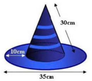 T&iacute;nh lượng vải cần mua để tạo ra chiếc n&oacute;n của ch&uacute; hề với c&aacute;c số liệu trong h&igrave;nh b&ecirc;n. Biết rằng tỉ lệ vải kh&acirc;u (may) hao (tốn) khi m&aacute;y n&oacute;n l&agrave; \(15\% \). Cho biết \(\pi  \approx 3,14\) (ảnh 1)