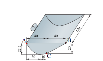 Mép dưới của một gầu xúc được mô tả theo từng đoạn bởi một hàm bậc hai chứa đường cong \[AC\] và một hàm bậc nhất chứa đoạn thẳng \[BC\] (tất cả kích thước tính bằng cm)  Tính dung tích (thể tích chứa) của gầu xúc bằng bao nhiêu lít? (ảnh 1)