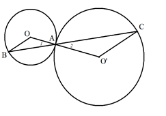 Cho hai đường tr&ograve;n \((O)\) v&agrave; \((O')\) tiếp x&uacute;c ngo&agrave;i với nhau tại \[A\]. Một đường thẳng qua \[A\] cắt \((O)\)tại \(B\) v&agrave; \((O')\) cắt tại \(C.\) Chứng minh rằng \(OB{\rm{//}}O'C\). (ảnh 1)