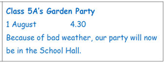 What has changed about Class 5A'S party? A. The time B. The place C. The day D. The weather (ảnh 1)