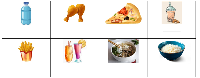 Write. Viết water – chicken – pizza (ảnh 1)