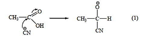 Phương trình hoá học của phản ứng ethanal với HCN là:  CH3CH=O + HCN → CH3−CHOH−CN Giai đoạn (1) trong cơ chế của phản ứng trên xảy ra như sau: (ảnh 1)