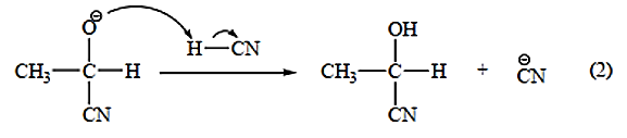 Phương trình hoá học của phản ứng ethanal với HCN là:  CH3CH=O + HCN → CH3−CHOH−CN Giai đoạn (1) trong cơ chế của phản ứng trên xảy ra như sau: (ảnh 2)