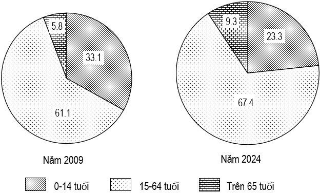 Cho biểu đồ sau:  Cơ cấu dân số theo tuổi nước ta năm 2009 và năm 2024 (Đơn vị: %) (Nguồn: Niên giám thống kê Việt Nam năm 2009 và 2024, NXB Thống kê) (ảnh 1)