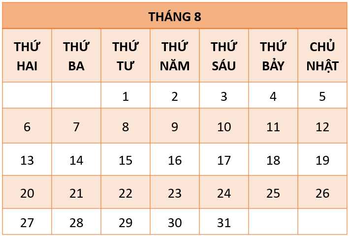 Giải bài toán sau.  Dưới đây là tờ lịch tháng 8.  a) Một chuyến phiêu lưu được tổ chức từ ngày 15 tháng 8 đến hết ngày 22 tháng 8. Hỏi chuyến phiêu lưu được tổ chức trong bao nhiêu ngày? (ảnh 1)