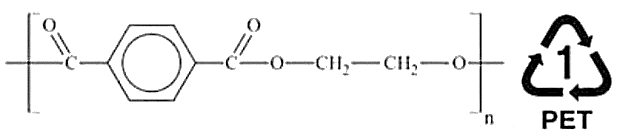 Poly(ethylene terephthalate) (viết tắt là PET) là một polymer được điều chế từ terephthalic acid và ethylene glycol. PET được sử dụng để sản xuất tơ, chai đựng nước uống, hộp đựng thực phẩm. PET có công thức cấu tạo và kí hiệu như sau: (ảnh 1)