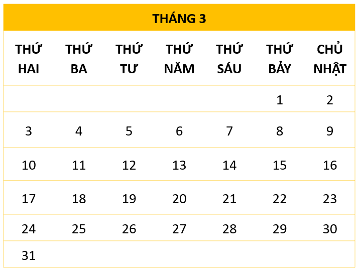 Điền số thích hợp vào chỗ chấm.  Trong tháng 3, nhóm bạn sẽ tham gia các hoạt động ngoại khóa vào các ngày cuối tuần.     a) Nhóm bạn sẽ tham gia hoạt động cắm trại vào thứ Bảy hằng tuần. Trong tháng 3, nhóm bạn sẽ tham gia cắm trại vào những ngày  (ảnh 1)