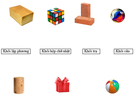 Nối:  Khối lập phương		Khối hộp chữ nhật		Khối trụ		Khối cầu (ảnh 1)