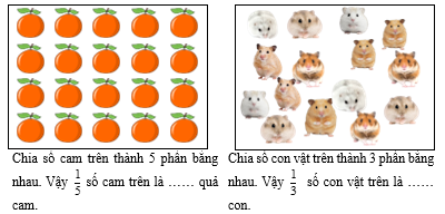 Điền số thích hợp vào ô trống:  Chia số cam trên thành 5 phần bằng nhau. Vậy 1/5 số cam trên là …… quả cam. (ảnh 1)