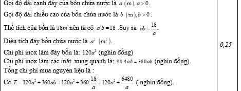 Một nhóm học sinh trong câu lạc bộ khoa học muốn thiết kế một bồn chứa nước mưa bằng inox để sử dụng trong trường học. Bồn có dạng hình hộp chữ nhật, không có nắp với đáy là hình vuông và có thể tích bằng (ảnh 1)