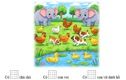 Số? Có ... chú chó Có ... con voi Có .... con vịt dưới hồ (ảnh 1)