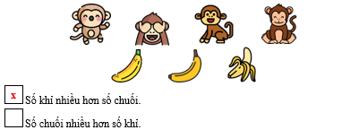 Điền chữ x v&agrave;o &ocirc; trống trước c&acirc;u trả lời đ&uacute;ng. Số khỉ nhiều hơn số chuối. (ảnh 2)