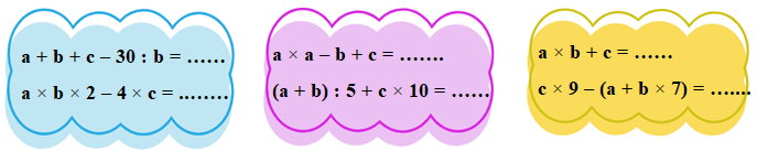 Điền kết quả thích hợp vào chỗ chấm (biết a = 9, b = 6, c = 13) a + b + c – 30 : b = …… a × b × 2 – 4 × c = ..…… (ảnh 1)