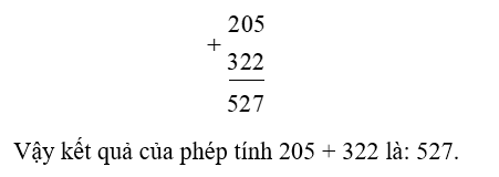 Kết quả của ph&eacute;p t&iacute;nh 205 + 322 l&agrave;: (ảnh 1)