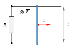 Cho hệ như hình vẽ.Biết R = 6,00 Omega, l = 1,20m và từ trường đều B = 2,50T vuông góc với mặt phẳng hình vẽ, hướng vào trong. Xác định tốc độ chuyển động của thanh (tính  (ảnh 1)