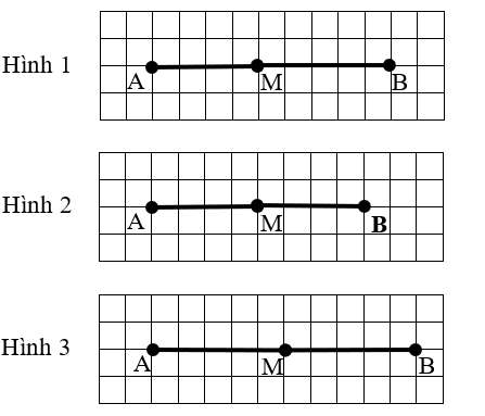 Điểm M là trung điểm của đoạn thẳng AB. Hình nào dưới đây vẽ đúng? (ảnh 1)