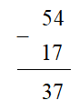 Kết quả của phép tính 54 – 17 là: (ảnh 1)