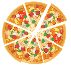 Giải bài toán sau. Ban đầu, một chiếc bánh pizza được cắt ra thành các miếng như hình bên. An và Bình đã lấy ra một số miếng rồi nói chuyện với nhau. An nói: “Bình đã lấy 1/5 số miếng pizza. (ảnh 1)