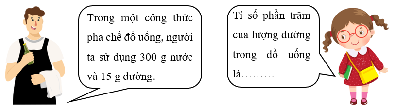 Điền vào chỗ chấm.  Trong một công thức pha chế đồ uống, người ta sử dụng 300 ml nước và 15 g đường. Tìm tỉ số phần trăm của lượng đường trong đồ uống. (ảnh 1)