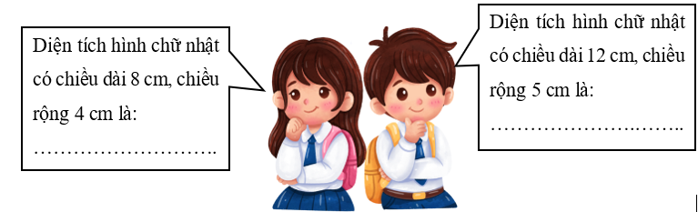 Viết phép tính thích hợp để tính diện tích mỗi hình chữ nhật sau. (ảnh 1)