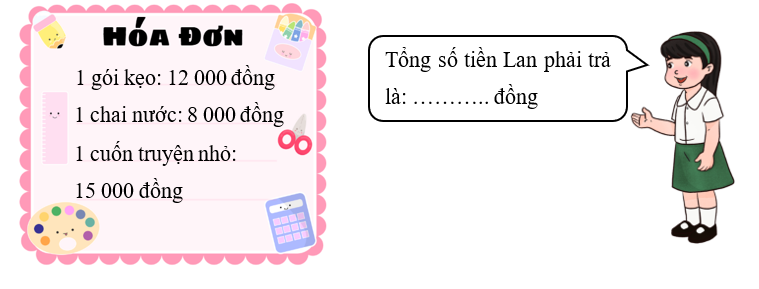 Điền số thích hợp vào chỗ chấm. Bạn Lan mua ở cửa hàng tạp hóa những món đồ sau: (ảnh 1)
