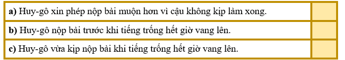 Chọn đúng - sai cho thích hợp.a) Huy-gô xin phép nộp bài muộn hơn vì cậu không kịp làm xong. (ảnh 1)