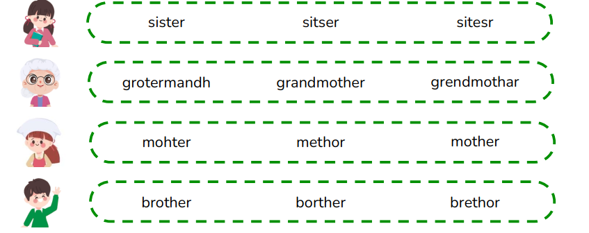 Circle the correct words.  sister	sitser	sitesr (ảnh 1)