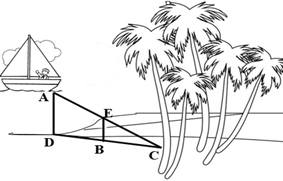 BE // DA, EC = 9,6m, DB = 4,5m, BC = 5m. Một người đứng ở vị trí E trên bờ, tính khoảng cách AE từ chiếc thuyền tới vị trí người đứng? (ảnh 1)