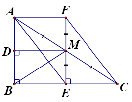 Cho tam giác ABC vuông tại B (BC > BA), với M là trung điểm của AC. Từ M kẻ ME vuông góc với BC (E thuộc BC), MD vuông góc với AB D thuộc AB) (ảnh 2)