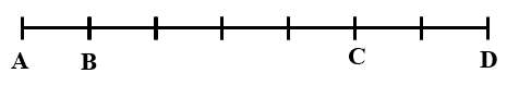 Viết phân số thích hợp. AB = ….. AC                             AB = ….. AD                             BC = ….. CD                              CD = ….. AD                            BD = ….. AC                              AC = ….. BC            (ảnh 1)