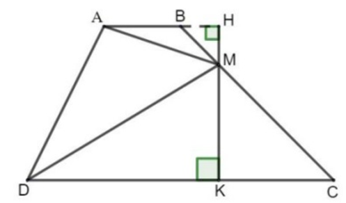 a) Giải hệ phương trình (x^2) + xy + y - 1 = 0; x + căn bậc hai của (x + 2y) = y - 1 b) Cho hình thang ABCD có đáy nhỏ AB = 2 cm, đáy lớn CD = 6 cm và M là một điểm nằm trên cạnh BC (ảnh 1)
