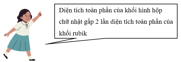 Trả lời câu hỏi sau. Trong một cửa hàng đồ chơi, có hai khối rubik cạnh 6 cm. Người quản lý cửa hàng đặt hai khối rubik cạnh nhau để tạo thành một khối hình hộp chữ nhật. Lan nói rằng: (ảnh 1)