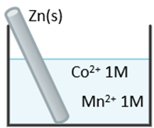 Thực hiện thí nghiệm như hình vẽ dưới đây. Biết thế điện cực chuẩn :
Mn2+(aq) + 2e ⇋ Mn(s) E° = -1,18V
Zn2+(aq) + 2e ⇋ Zn(s) E° = -0,76V
Co2+(aq) + 2e ⇋ Co(s) E° = -0,28V
Cho các phát biểu sa (ảnh 1)