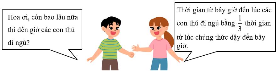 Thực hiện yêu cầu sau.  Trong rừng, Hùng và Hoa đang quan sát các loài động vật Các bạn hãy giúp Hùng trả lời câu hỏi nhé! (biết tổng thời gian từ bây giờ đến lúc các con thú đi ngủ và thời gian từ lúc chúng thức dậy đến bây giờ là 1 ngày hay 24 giờ) (ảnh 1)