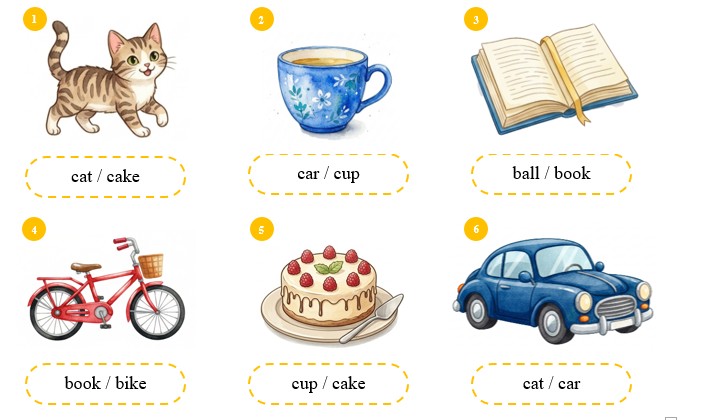 Circle the correct words.   cat / cake (ảnh 1)