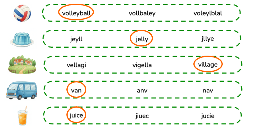 Circle the correct words.  volleyball	jeyll 	jelly	jllye (ảnh 2)