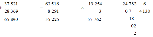 Đặt tính rồi tính. 37 521 + 28 369  63 516 – 8 291 (ảnh 1)