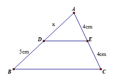 Cho hình vẽ dưới đây, biết DE//BC. Tìm x (là độ dài của AD) (ảnh 1)
