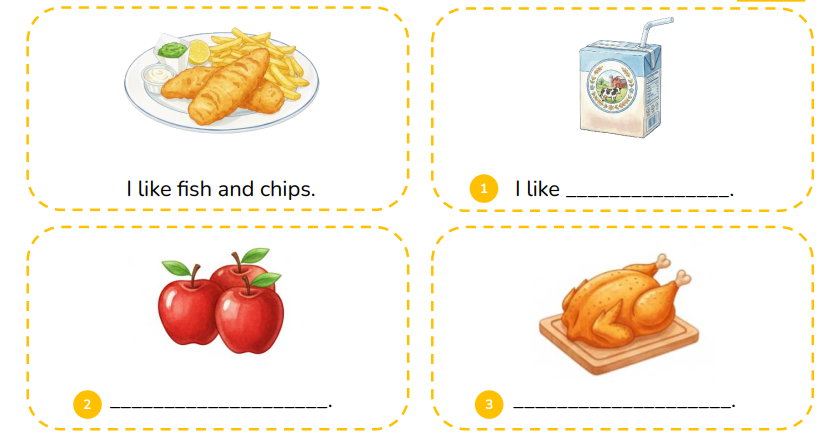 Look and write the sentences.   I like _______________. (ảnh 1)