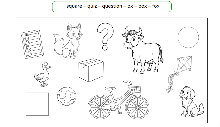 Find and colour. square – quiz – question – ox – box – fox (ảnh 1)