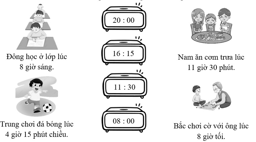 Nối mỗi bức tranh với đồng hồ chỉ thời gian thích hợp. (ảnh 1)