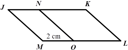 Cho hình thoi NKLO có chu vi là 20 cm (hình dưới đây). Tính chu vi hình bình hành JKLM. Biết MO = 2 cm. (ảnh 1)