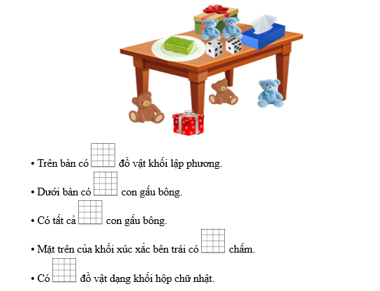 Số? • Trên bàn có ... đồ vật khối lập phương.  (ảnh 1)