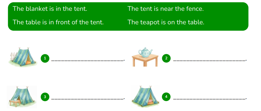 Choose the correct sentence and write. The blanket is in the tent. (ảnh 1)