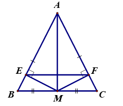 Cho tam giác ABC cân tại A. Gọi M là trung điểm BC.  a) Chứng minh: tam giác ABM = tam giác ACM b) Chứng minh: AM vuông góc BC (ảnh 1)