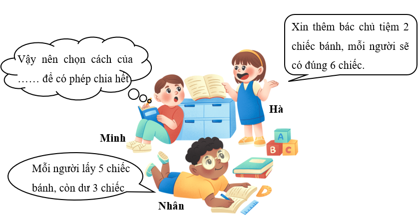 Hoàn thiện chỗ chấm sau. Bác chủ tiệm bánh đưa cho 5 bạn nhỏ tổng cộng 28 chiếc bánh. Các bạn chia đều số bánh như sau: (ảnh 1)