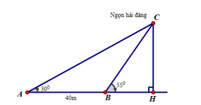 Một người đi dọc bờ biển từ vị trí A đến vị trí B và quan sát một ngọn hải đăng. Góc nghiêng của phương quan sát từ các vị trí A, B tới ngọn hải đăng với đường đi của người quan sát là 30 độ và 55 độ (hình vẽ minh họa) (ảnh 2)